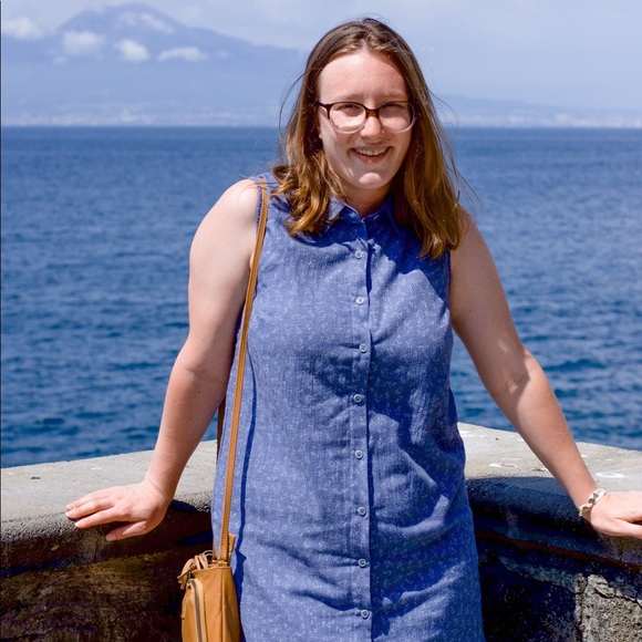 Blue Button Up Shirt Dress with Leaf Style Pattern - Picture 2 of 5